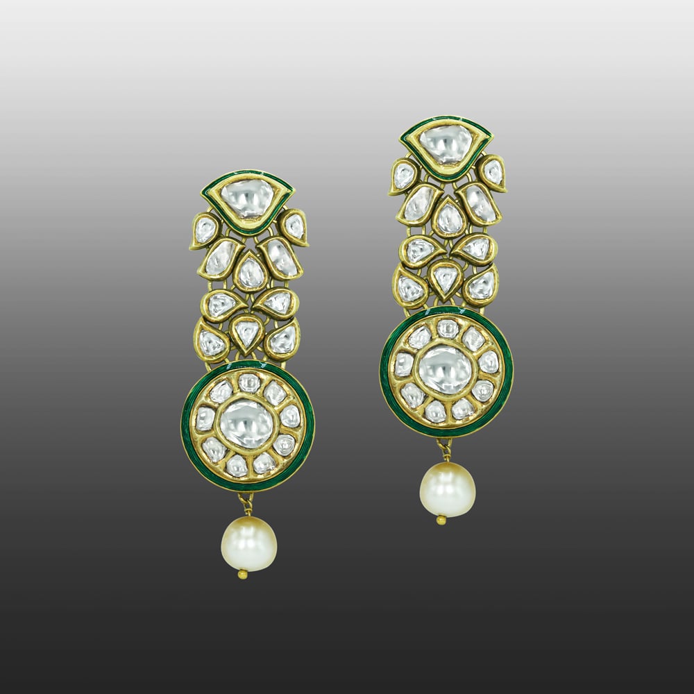 Polki Earrings with Green Enamel Work and Pearl Drop
